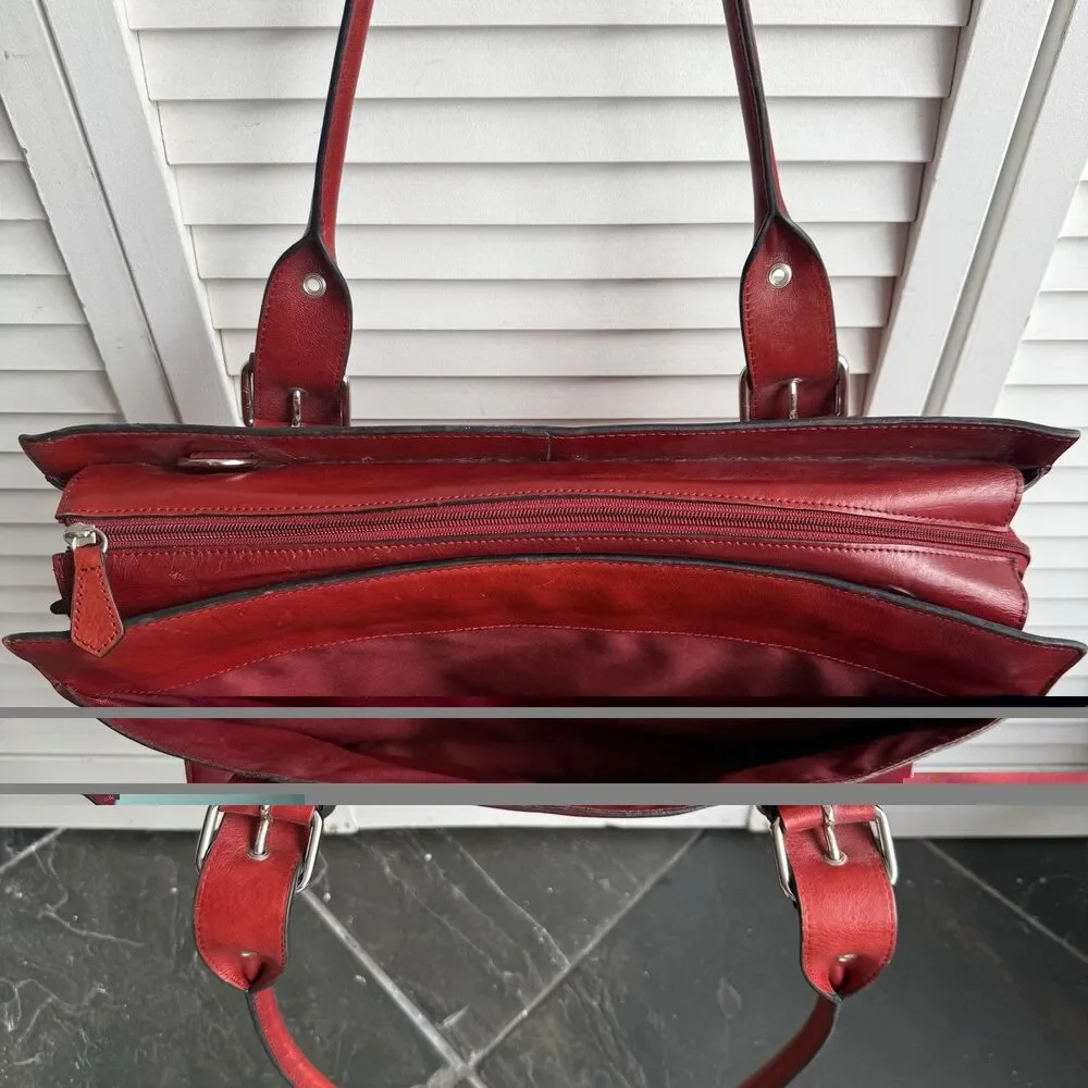 Vintage Red Leather Bag Zip Top Buckle Accents Silver Hardware